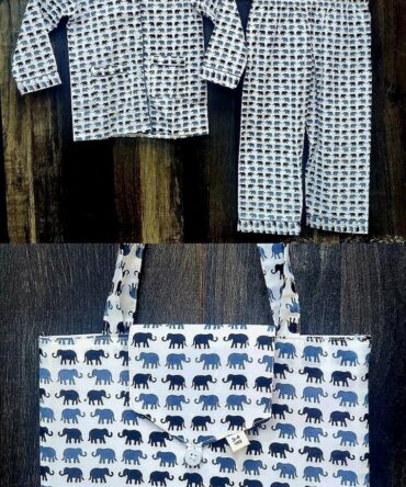 Kids elephant block print pure cotton full night suit with bag