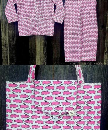 Kids pink hippo block print pure cotton full night suit with bag